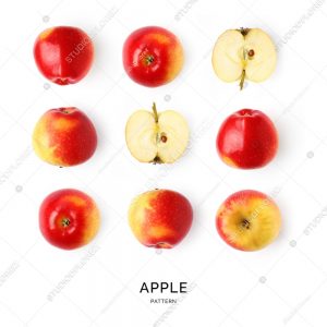 Seamless pattern with red apples. Fruits abstract background. Apple on the white background.
