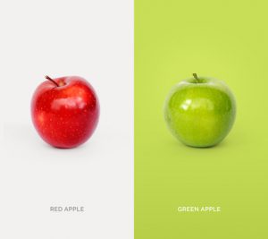 Creative layout made of green and red apples. Flat lay. Food concept.