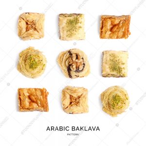 Seamless pattern with baklava. Sweets abstract background. Baklava on the white background.