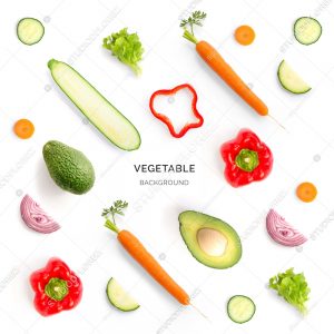 Seamless pattern with red pepper, avocado, onion, cucumber, carrot, lettuce. Vegetables abstract background. Red pepper, avocado, onion, cucumber, carrot, lettuce on the white background.