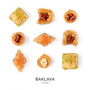 Seamless pattern with baklava. Sweets abstract background. Baklava on the white background.