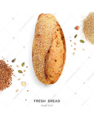 Creative layout made of bread and nuts. Flat lay. Food concept. Macro  concept. Bread, quinoa and flax seeds on white background.
