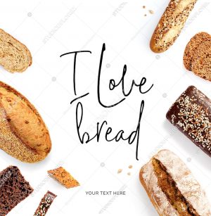 Creative layout made of  quote "I love bread". Flat lay. Food concept. Baguette, white bread, rye bread and slices on the white background.