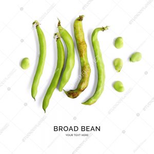 Creative layout made of broad beans on white background. Flat lay. Food concept.