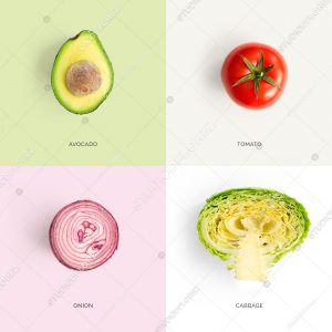Creative layout made of avocado, tomato, onion and cabbage. Flat lay. Food concept.
