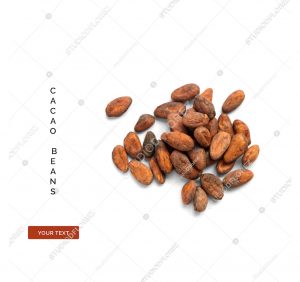 Creative layout made of cacao beans on white background.Flat lay. Food concept.