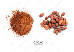 Creative layout made of cacao powder and cacao beans on the white background. Flat lay. Food concept. Macro concept.