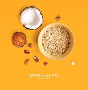 Creative layout made of oatmeal and nuts on yellow background. Flat lay. Food concept.
