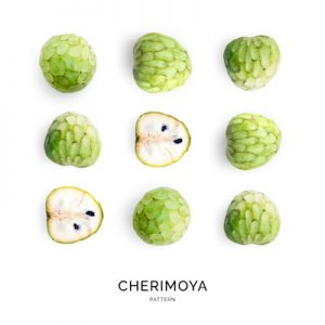 Seamless pattern with cherimoya. Tropical abstract background. Cherimoya on the white background.