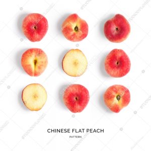 Seamless pattern with chinese flat peaches. Tropical abstract background. Peach on the white background.