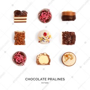 Seamless pattern with chocolate pralines. Abstract background. Chocolate pralines on the white background.