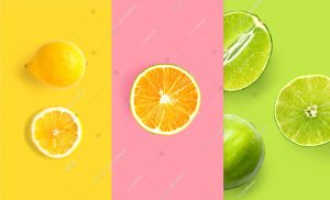 Creative layout made of lemon, orange and lime. Flat lay. Food macro concept.