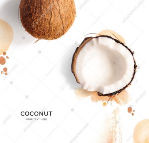 Creative layout made of coconut on the watercolor background. Flat lay. Food concept.