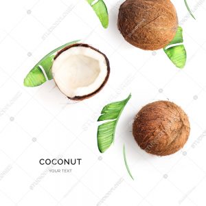 Creative layout made of coconut on the watercolor background. Flat lay. Food concept.