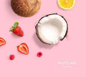 Creative layout made of lemon, strawberry and coconut. Flat lay. Food concept. Tropical fruits on the pink background.