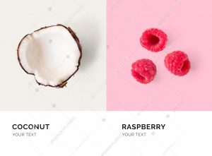 Creative layout made of raspberry and coconut. Flat lay. Food concept.
