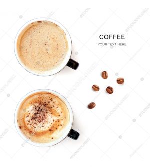 Creative layout made of coffee and coffee beans on white background. Flat lay. Food concept. Macro  concept.
