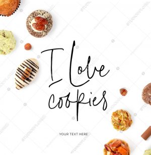 Creative layout made of  quote "I love cookies". Flat lay. Food concept. Different cookies on the white background.