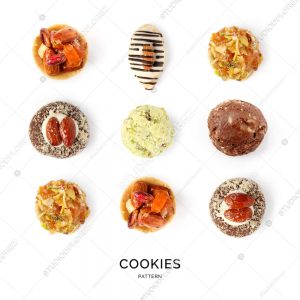 Seamless pattern with cookies. Flat lay. Food concept. Different cookies on the white background.