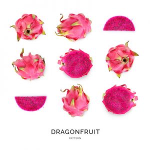 Seamless pattern with dragonfruit on the white background. Abstract background. Pitaya on the white background.