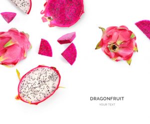 Creative layout made of dragonfruit. Flat lay. Food concept. Macro concept.