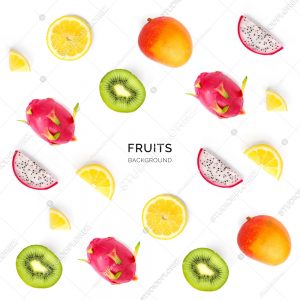 Seamless pattern with lemon, mango, kiwi, dragon fruit. Tropical abstract background. Pitahaya, lemon, kiwi and mango on the white background.