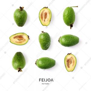 Seamless pattern with feijoa. Fruits abstract background. Feijoa on the white background.