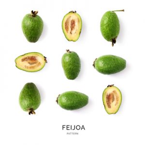 Seamless pattern with feijoa. Fruits abstract background. Feijoa on the white background.