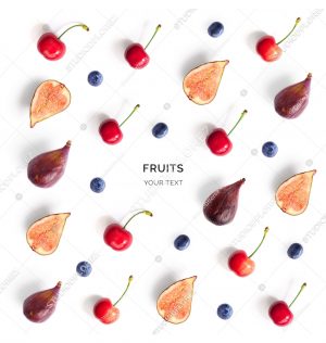 Seamless pattern with figs, blueberry and cherry. Tropical abstract background. Figs, cherry and blueberry on the white background.