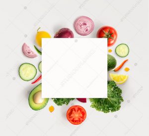 Creative layout made of various vegetables with white paper card. Flat lay. Food concept.