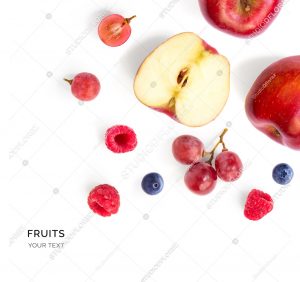 Creative layout made of apple, raspberry, grape and blueberry. Flat lay. Food concept.