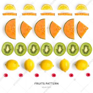 Seamless pattern with lemon, raspberry, melon and kiwi. Tropical abstract background.