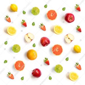 Pattern with grapefruit, strawberry, lime, lemon and apple. Tropical abstract background.  Grapefruit, strawberry, lime, lemon and apple on the white background.