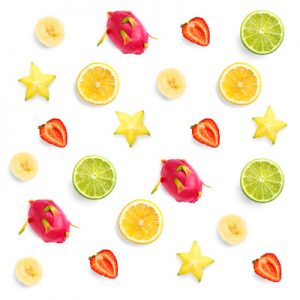 Seamless pattern with lemon, strawberry, lime, banana, dragon fruit. Tropical abstract background. Pitahaya,  lemon, strawberry, lime, banana on the white background.