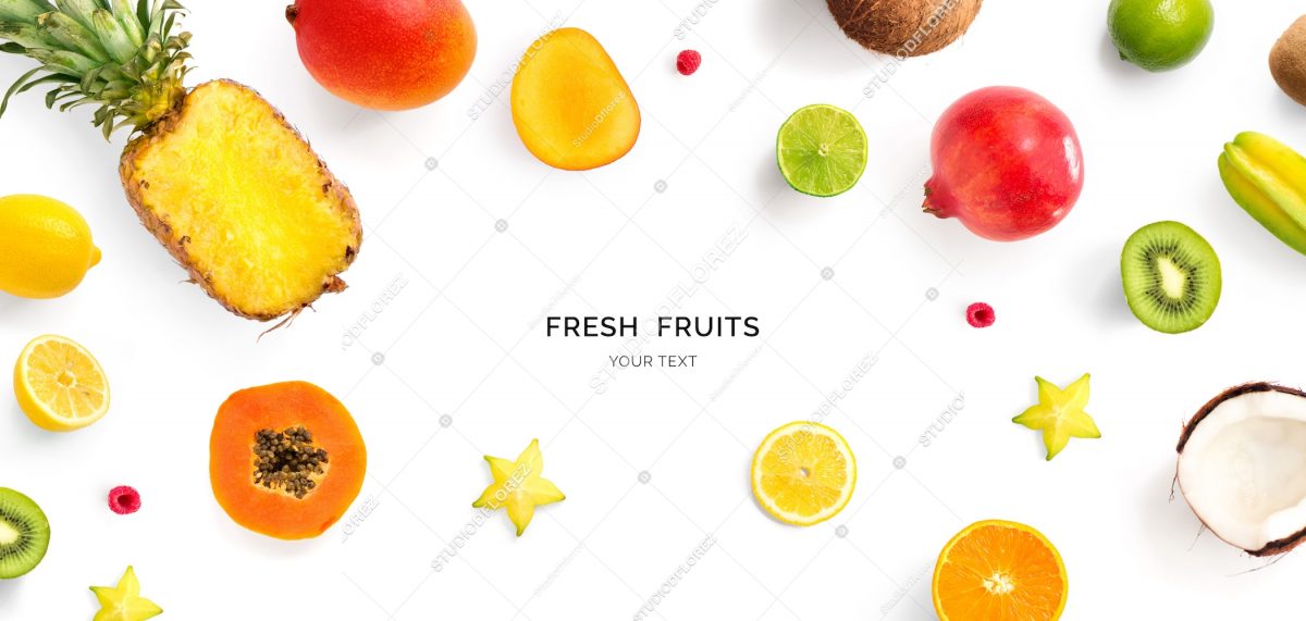 fruits_pineapple_papaya_lemon_kiwi_pamegranate_coconut_orange_white