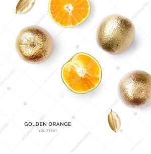 Creative layout made of gold orange fruit on the white background.  Tropical flat lay. Food concept.