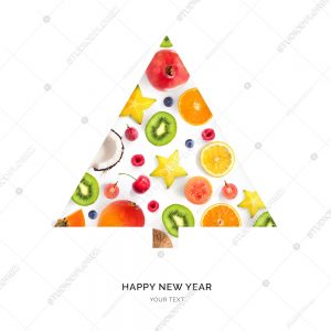 Creative happy new year card made of fruits on the white background.  Fruits christmas tree , top view, festive greeting card.