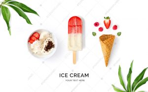 Creative layout made of  ice cream and strawberry. Flat lay. Food concept. Ice cream and fruits on white background.