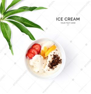 Creative layout made of  ice cream and strawberry. Flat lay. Food concept. Ice cream and fruits on white background.