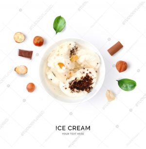 Creative layout made of ice cream and nuts. Flat lay. Food concept. Ice cream and fruits on white background.