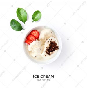 Creative layout made of  ice cream and strawberry. Flat lay. Food concept. Ice cream and fruits on white background.