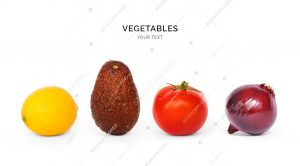 Creative layout made of avocado, onion, tomatoes and lemon. Flat lay. Food concept. Vegetables isolated on white background.