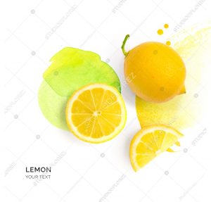 Creative layout made of lemon on the watercolor background. Flat lay. Food concept.