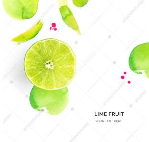 Creative layout made of lime on the watercolor background. Flat lay. Food concept.