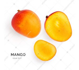 Creative layout made of mango and leaves. Flat lay. Food concept. Mango on white background.