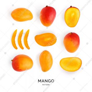 Seamless pattern with mango. Tropical abstract background. Mango on the white background.