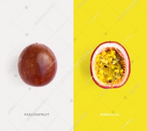 Creative layout made of passion fruit. Flat lay. Food concept. Passionfruit on white background.