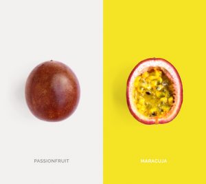 Creative layout made of passion fruit. Flat lay. Food concept. Passionfruit on white background.