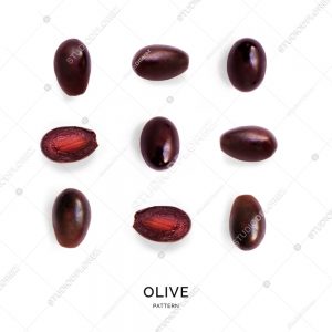 Seamless pattern with black olives. Vegetables abstract background. Olive on the white background.