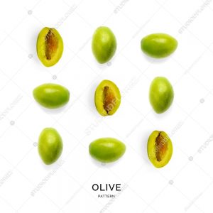 Seamless pattern with green olives. Vegetables abstract background. Olive on the white background.
